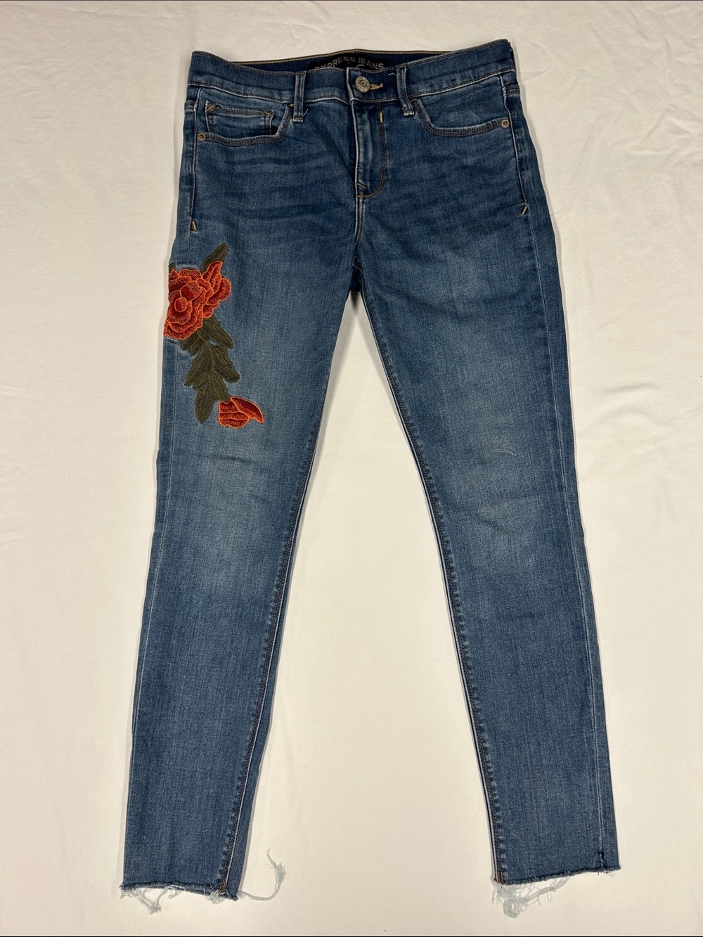 Women’s Blue Skinny Jeans with Red Rose Embroidery